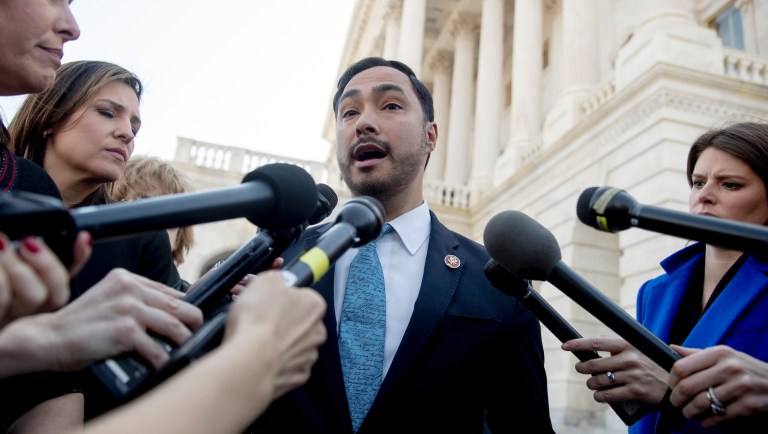 Rep. Joaquin Castro, D-Texas, speaks to reporters outside the Senate on Capitol Hill in Washington, Thursday, March 14, 2019, after the Senate rejects President Donald Trump's emergency border declaration.   