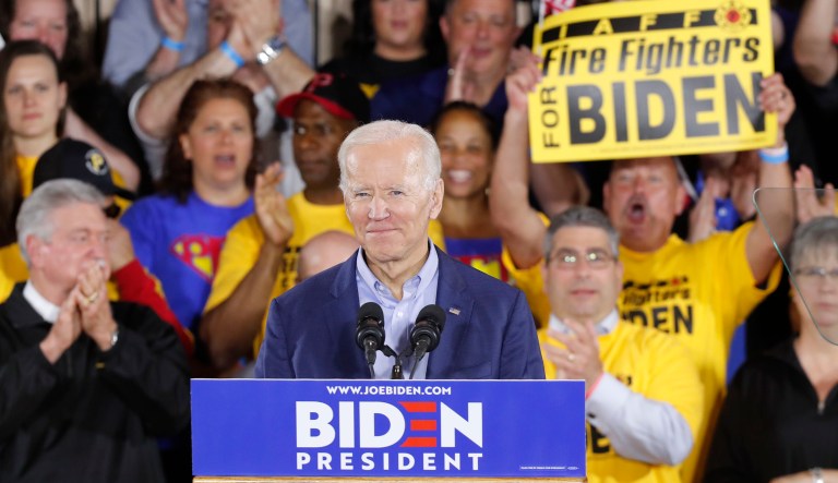 Joe Biden is cheered by supporters before he speaks during a campaign stop at a Teamsters union hall in Pittsburgh on Monday, April 29, 2019.