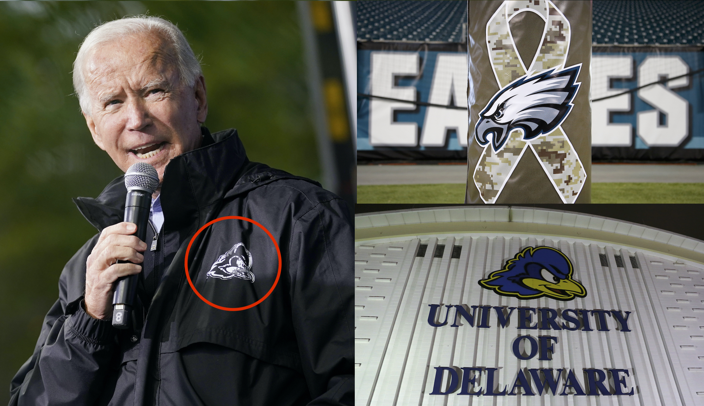 Biden claims to Philadelphians he’s wearing Eagles jacket while sporting Delaware Blue Hens gear