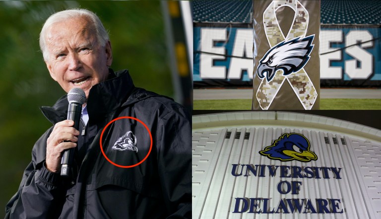 Biden claims to Philadelphians he’s wearing Eagles jacket while sporting Delaware Blue Hens gear