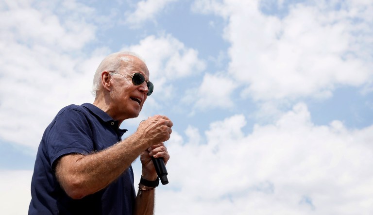 Democratic presidential candidate former Vice President Joe Biden speaks at the Des Moines Register Soapbox during a visit to the Iowa State Fair, Thursday, Aug. 8, 2019, in Des Moines, Iowa.