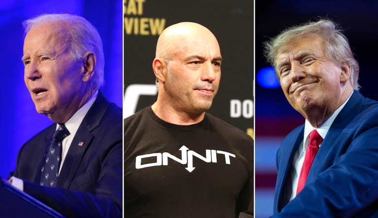 Podcaster Joe Rogan (center) said he would cast his 2024 presidential vote for former President Donald Trump (right) before supporting President Joe Biden.