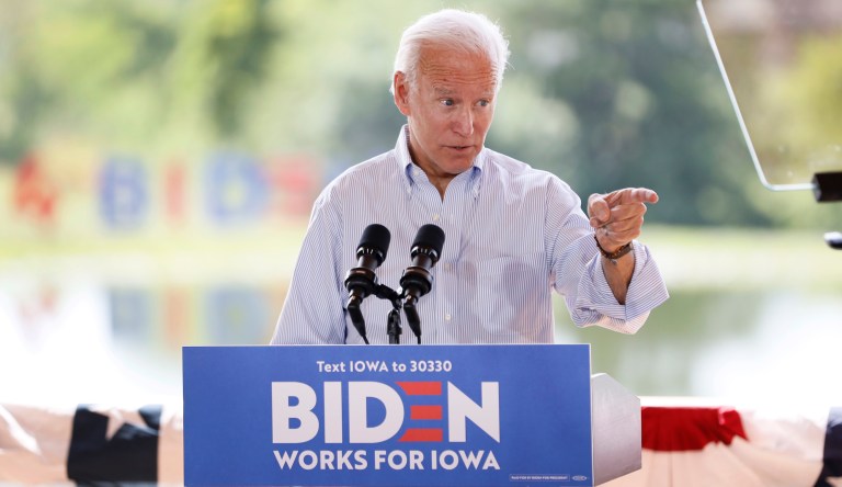 Democratic presidential candidate former Vice President Joe Biden speaks during a community event, Tuesday, Aug. 20, 2019, in Prole, Iowa. 