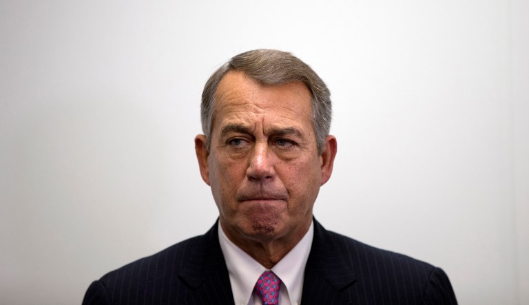 FILE - In this Oct. 7, 2015, file photo, outgoing House Speaker John Boehner of Ohio listens as House Majority Leader Kevin McCarthy of California, speaks during a news conference on Capitol Hill in Washington. Speaking on âFox News Sunday,â on Sunday, Oct. 11, 2015, Freedom Caucus Chairman Jim Jordan of Ohio said his group would âlook favorablyâ on U.S. Rep. Paul Ryan if he runs for speaker, but for now the group is sticking with its endorsement of Floridaâs Rep. Daniel Webster.
