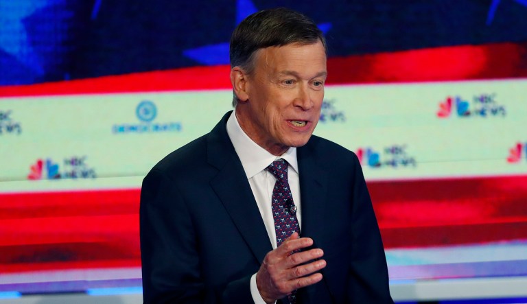 FILE - In this June 27, 2019 file photo, Democratic presidential candidate and former Colorado Gov. John Hickenlooper speaks during the Democratic primary debate hosted by NBC News at the Adrienne Arsht Center for the Performing Arts, in Miami.