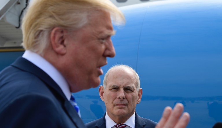 President Donald Trump and White House Chief of Staff John Kelly talk to the media before boarding Air Force One at Andrews Air Force Base in Md., Friday, May 4, 2018.