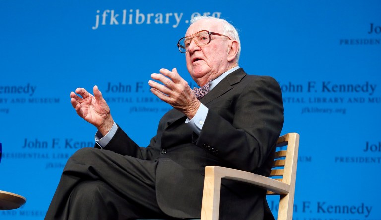 In this May 20, 2013 file photo, Retired U.S. Supreme Court Justice John Paul Stevens talks about his views and career during a forum at the John F. Kennedy Library in Boston.