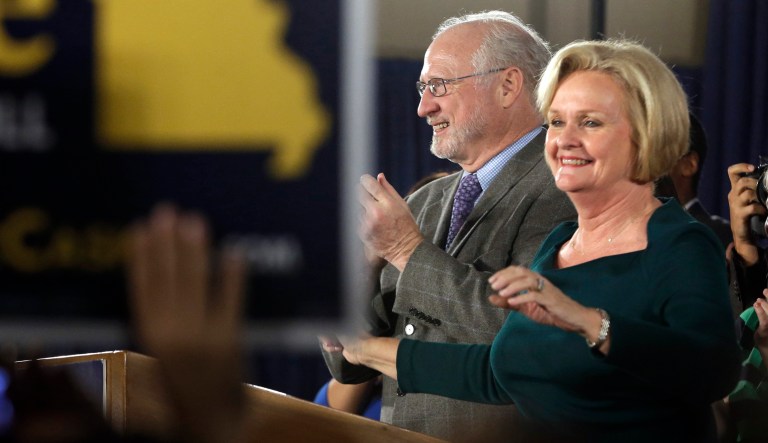 Sen. Claire McCaskill, D-Mo., smiles as she stands next to her husband, Joseph Shepard, while declaring victory over challenger Rep. Todd Akin, R-Mo., in the Missouri Senate race Tuesday, Nov. 6, 2012, in St. Louis.
