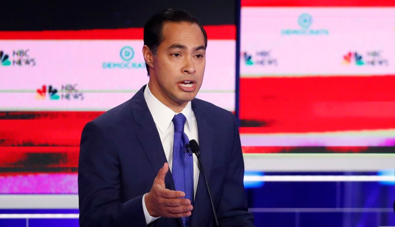 Democratic presidential candidate former Housing and Urban Development Secretary Julian Castro gestures during a Democratic primary debate hosted by NBC News at the Adrienne Arsht Center for the Performing Arts, Wednesday, June 26, 2019, in Miami.