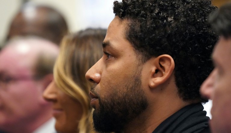Actor Jussie Smollett appears in a courtroom at the Leighton Criminal Court Building in Chicago on Feb. 24, 2020, where he plead not guilty to restored charges that accuse him of staging a racist, homophobic attack against himself and falsely reporting it to police.