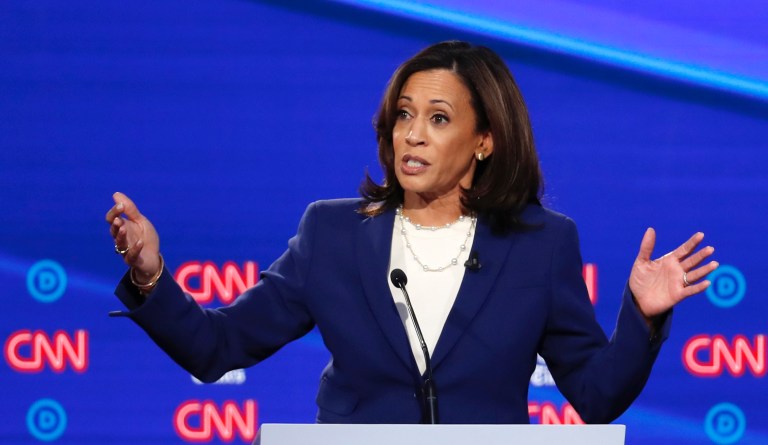Democratic presidential candidate Sen. Kamala Harris, D-Calif., speaks in a Democratic presidential primary debate hosted by CNN/New York Times at Otterbein University, Tuesday, Oct. 15, 2019, in Westerville, Ohio. 