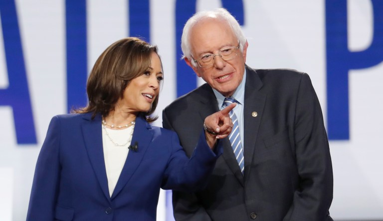 Democratic presidential candidate Sen. Kamala Harris, D-Calif., left, and Sen. Bernie Sanders, I-Vt., participate in a Democratic presidential primary debate hosted by CNN/New York Times at Otterbein University, Tuesday, Oct. 15, 2019, in Westerville, Ohio.
