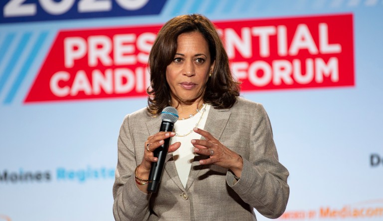 U.S. Sen. Kamala Harris, D-Calif., speaks at the AARP Presidential Forum at the Waterfront Convention Center in Bettendorf, Iowa on Tuesday, July 16, 2019. 