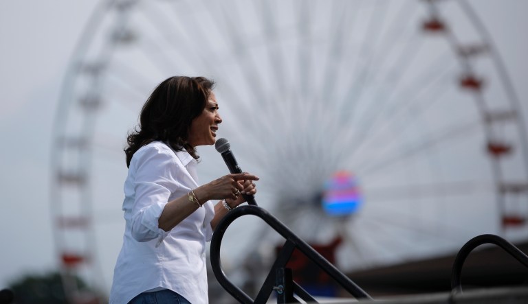 Democratic presidential candidate Sen. Kamala Harris, D-Calif., speaks at the Iowa State Fair, Saturday, Aug. 10, 2019, in Des Moines, Iowa.