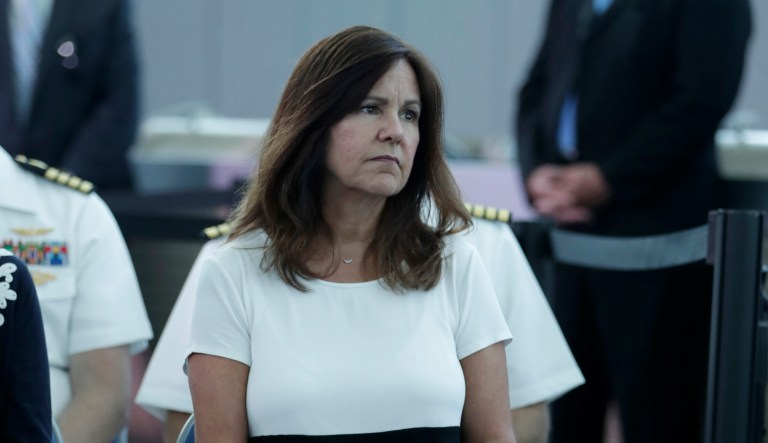 Karen Pence listens as her husband Vice President Mike Pence speaks during a news conference following a tour on the USNS Comfort, Tuesday, June 18, 2019, in Miami.