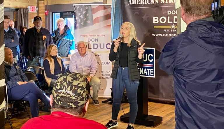 Karoline Leavitt, Republican candidate for New Hampshire's 1st Congressional District, speaks at a campaign event with Republican Senate candidate Don Bolduc in Kingston, New Hampshire, on Nov. 3, 2022.