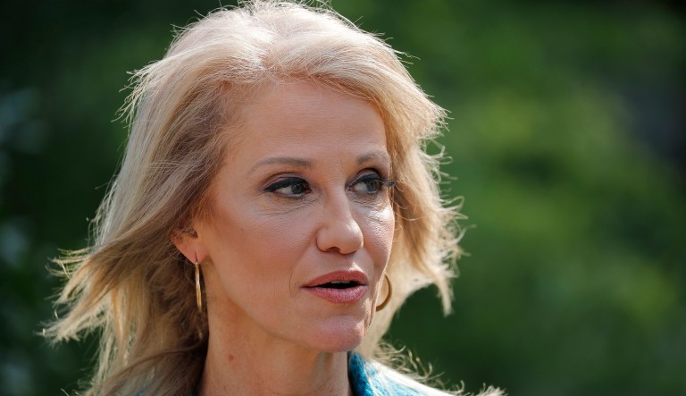 Counselor to the President Kellyanne Conway, speaks to a member of the media outside the West Wing of the White House in Washington, Friday, June 29, 2018.