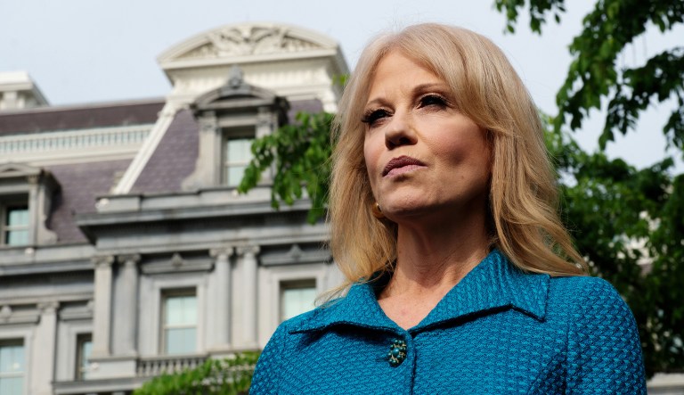 Kellyanne Conway, senior advisor to U.S. President Donald Trump, speaks to members of the media outside the White House in Washington, D.C., U.S., on Tuesday, April 30, 2019. 