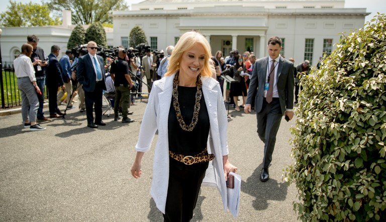 Counselor to the President Kellyanne Conway walks to Pebble Beach for an on camera interview on the North Lawn of the White House, Thursday, April 18, 2019, in Washington.