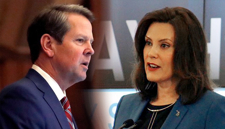 Govs. Brian Kemp of Georgia (left) and Gretchen Whitmer of Michigan (right) are shown.