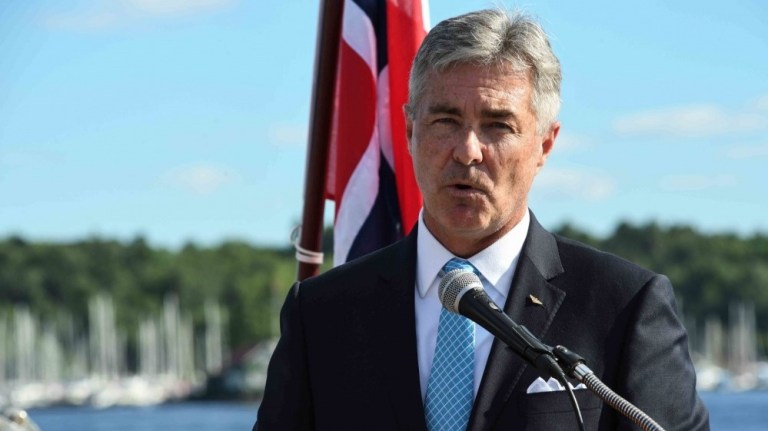 OSLO, Norway -- Kenneth J. Braithwaite, U.S. ambassador to Norway, delivers remarks at a reception aboard the Arleigh Burke-class guided-missile destroyer USS Bainbridge, in Oslo, Norway, June 25, 2018.