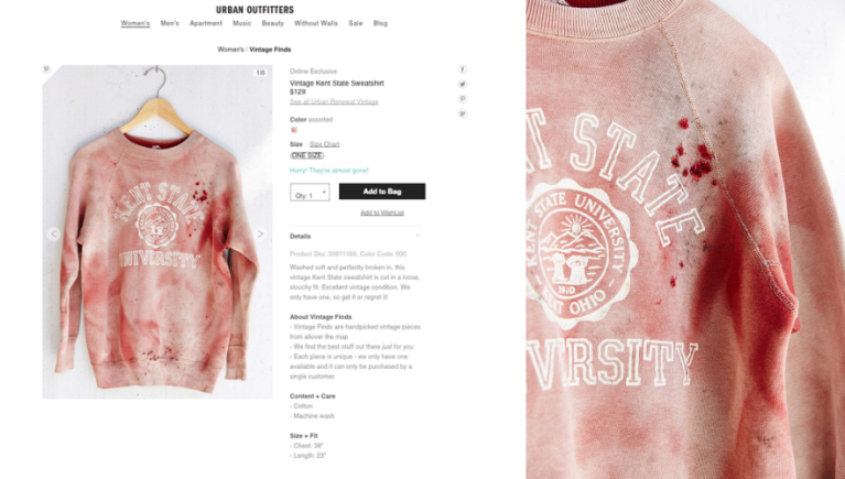 Bleak chic: Urban Outfitters incurs wrath of the Internet with ‘blood splattered’ Kent State sweatshirt
