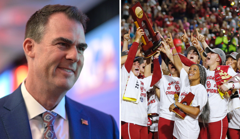 Gov. Kevin Stitt (R-OK) and Oklahoma Sooners softball national champions.