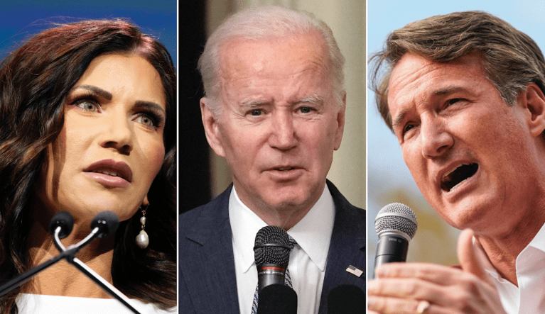 Govs. Kristi Noem (R-SD) (left) and Glenn Youngkin (R-VA) (right) blast President Joe Biden for weak leadership concerning national security.