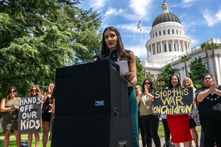 Sonja Shaw, president of Chino Valley Unified School District, is applauded at a news conference at the state Capitol on Monday, Aug. 14, 2023, while speaking in opposition to a series of education bills in the Legislature that she says would infringe on parental rights and remove local control in school districts. One of the proposed laws singled out by rally organizers was AB 5, a bill by Rick Chavez Zbur, D-Hollywood, that would require annual LGBTQ cultural competency training for teachers. Shaw's board ejected state Superintendent of Public Instruction Tony Thurmond from a meeting last month when he attempted to speak against a policy that would require Chino Valley officials to notify parents if students come out as transgender.