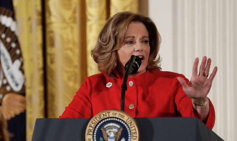 Education Secretary Betsy DeVos listens at left as Deputy National Security Adviser K.T. McFarland speaks at the Women's Empowerment Panel, Wednesday, March 29, 2017, at the White House in Washington.