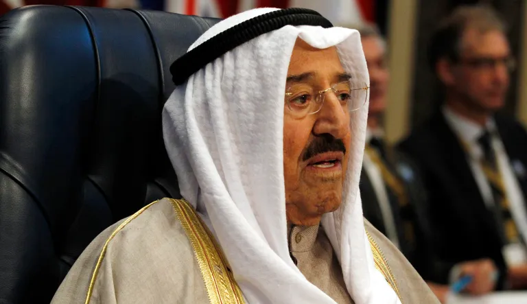 Kuwait's ruling emir, Sheikh Sabah Al Ahmad Al Sabah, prepares for a donor's summit at Bayan Palace in Kuwait City, Kuwait, Wednesday, Feb. 14, 2018. Kuwait on Wednesday hosted the final day of a conference seeking billions of dollars to help rebuild Iraq after the war against the Islamic State group.