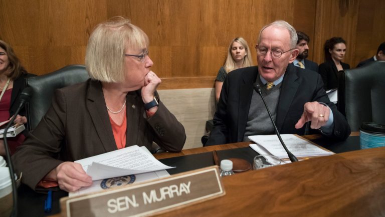Sen. Patty Murray, D-Wash., the ranking member, and Sen. Lamar Alexander, R-Tenn., chairman of the Senate Health, Education, Labor, and Pensions Committee, meet before the start of a hearing on Capitol Hill in Washington, Wednesday, Oct. 18, 2017, the morning after they reached a deal to resume federal payments to health insurers that President Donald Trump had halted. Sen. Alexander says Trump called him Wednesday morning "to be encouraging" of bipartisan efforts to come up with a plan to stabilize health insurance premiums. 