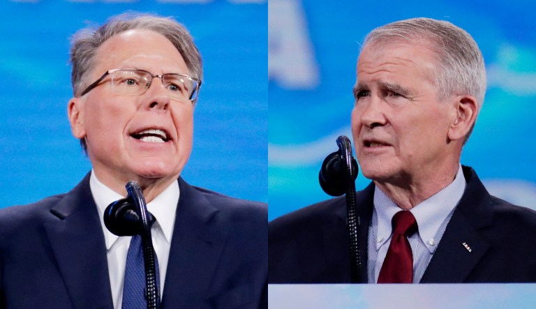Wayne LaPierre and Oliver North of the NRA are shown.