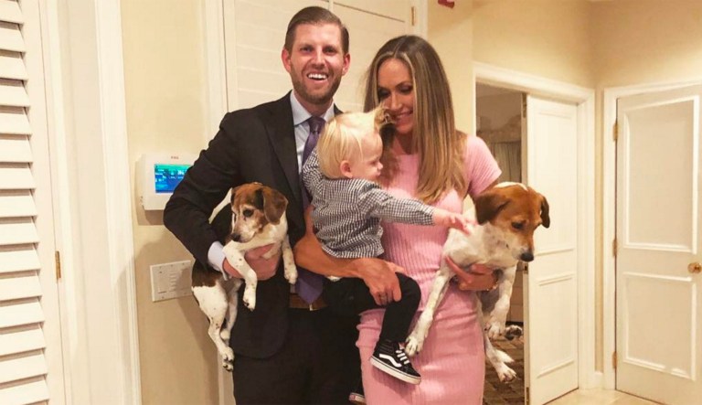Lara Trump, shown with husband Eric Trump and son Eric Luke Trump, said her dogs are "surrogate" pets for her in-laws.