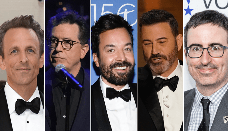 Late night TV hosts Seth Meyers, Stephen Colbert, Jimmy Fallon, Jimmy Kimmel, and John Oliver.
