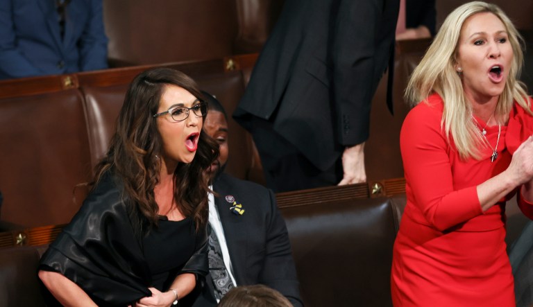 Rep. Lauren Boebert (R-CO) and Rep. Marjorie Taylor Greene (R-GA) scream 