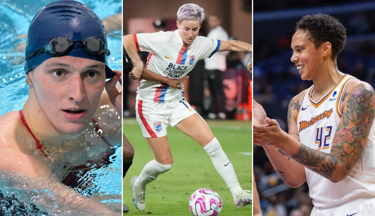 Lia Thomas (left), Megan Rapinoe (center), and Brittney Griner.