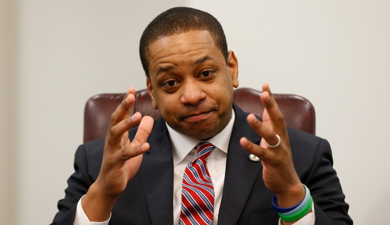 Virginia Lt. Gov. Justin Fairfax speaks during an interview in his office at the Capitol in Richmond, Va., on Saturday, Feb. 2, 2019. Fairfax answered questions about the controversial photo in Gov. Ralph Northam's yearbook page.