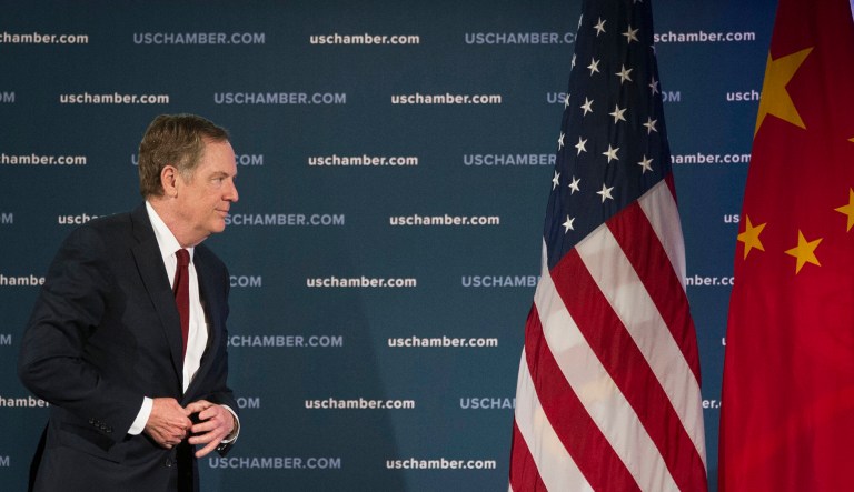 U.S. Trade Representative Robert Lighthizer leaves the stage after speaking at the 9th China Business Conference at the U.S. Chamber of Commerce in Washington, Tuesday, May 1, 2018. The U.S. Chamber of Commerce and AmCham China are hosting the event. The U.S. has threatened to impose tariffs on $150 billion of Chinese goods in retaliation for what it argues are Beijing's unfair trade practices and its requirement that U.S. companies turn over technology in exchange for access to its market. China has said it would subject $50 billion of U.S. goods to tariffs if the U.S. taxes its products. A delegation led by Treasury Secretary Steven Mnuchin,  Lighthizer and trade adviser Peter Navarro will visit Beijing for negotiations later this week.