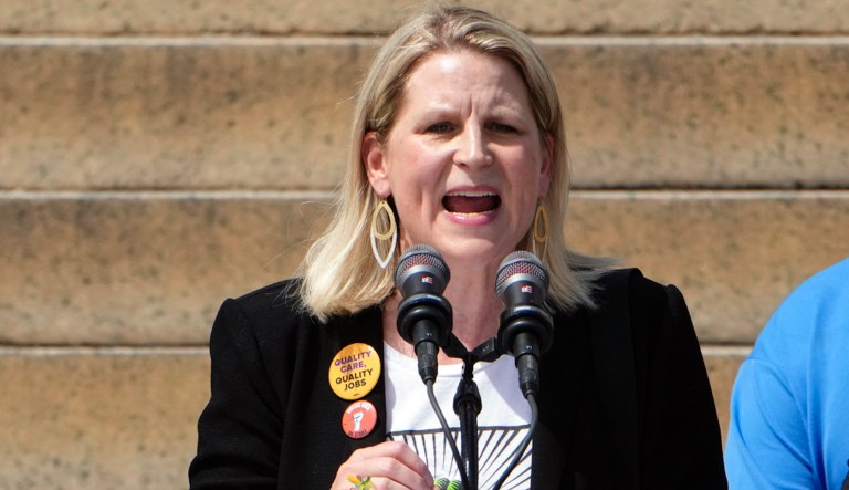 AFL-CIO President Liz Shuler speaks at the 60th Anniversary of the March on Washington at the Lincoln Memorial in Washington, Saturday, Aug. 26, 2023.