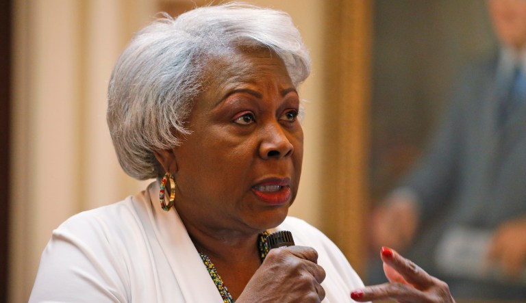 Senate President Pro Tempore, Sen. Louise Lucas speaks during debate on the Senate floor at the Capitol Sunday March 8 , 2020, in Richmond, Va. 