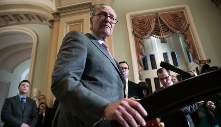 Sen. Chuck Schumer speaks to reporters.