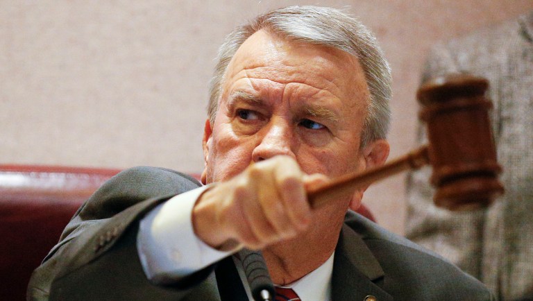 File-This Jan. 9, 2018, file photo shows Alabama House Speaker Mac McCutcheon slamming the gavel as the Alabama legislative session begins, in Montgomery, Ala. A state lawmaker apologized for an outburst on the floor of the Alabama House of Representatives in which she repeatedly shouted at the House speaker.
Rep. Juandalynn Givan issued a statement over the weekend to "humbly express my apologies to my colleagues." The Birmingham Democrat said she also wanted to challenge fellow lawmakers "to avoid actions that encourage division and oppression." Video from Alabama Public Television showed Givan repeatedly shouting at House Speaker McCutcheon during Thursday, March 21, 2019, debate. The speaker said the outburst "included a stream of harassing statements and obscenities." 