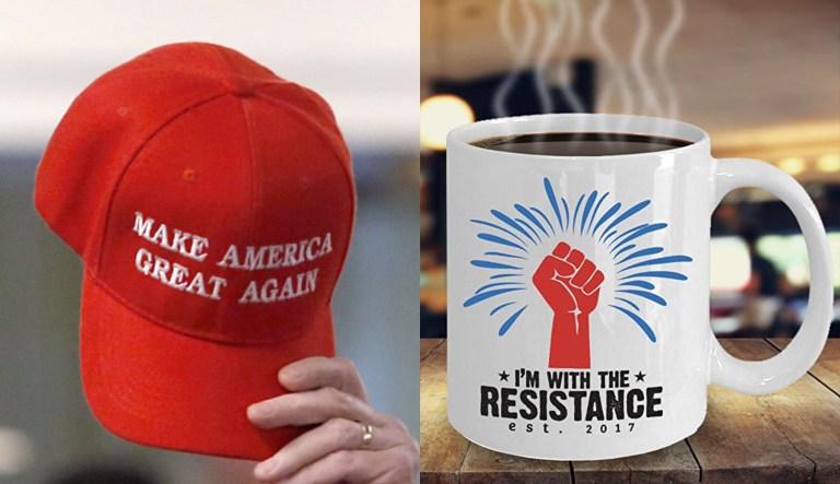 A "Make America Great Again" hat and an "I'm with the Resistance, est. 2017" mug are shown.