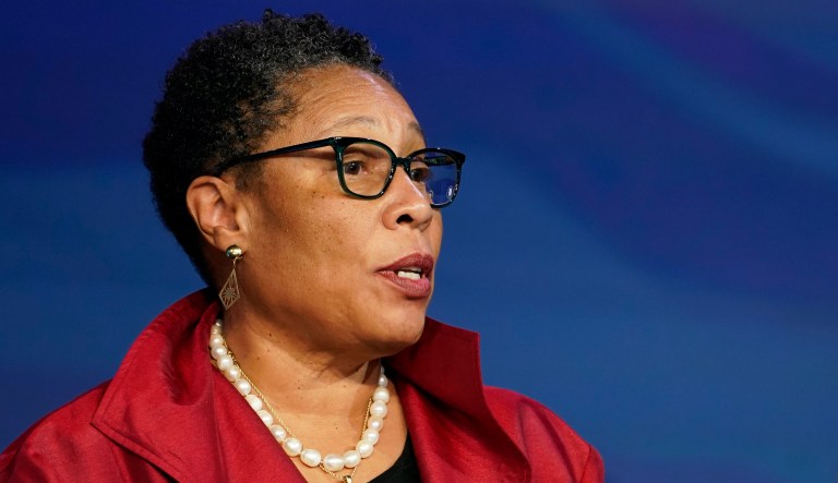 FILE - In this Nov. 6, 2016, file photo, Rep. Marcia Fudge, D-Ohio, speaks at a campaign rally for then-Democratic presidential candidate Hillary Clinton in Cleveland. 