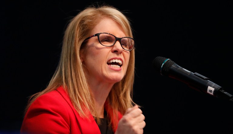 FILE - In this May 5, 2018 file photo, gubernatorial candidate Mary Mayhew speaks at the Republican Convention in Augusta, Maine. Mainers go to the ballot box, Tuesday, June 12, 2018, to rank candidates for the first time. It's the biggest test yet of ranked-choice voting.