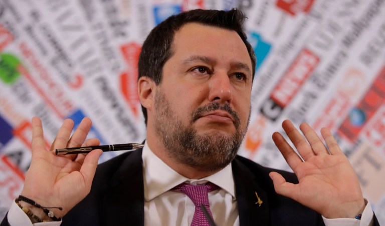 Opposition populist leader Matteo Salvini gestures during press conference at the Foreign Press association, in Rome, Thursday, Feb. 13, 2020.