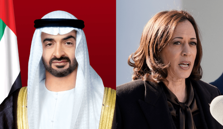 From left to right: UAE President Sheikh Mohammed bin Zayed Al Nahyan and U.S. Vice President Kamala Harris.