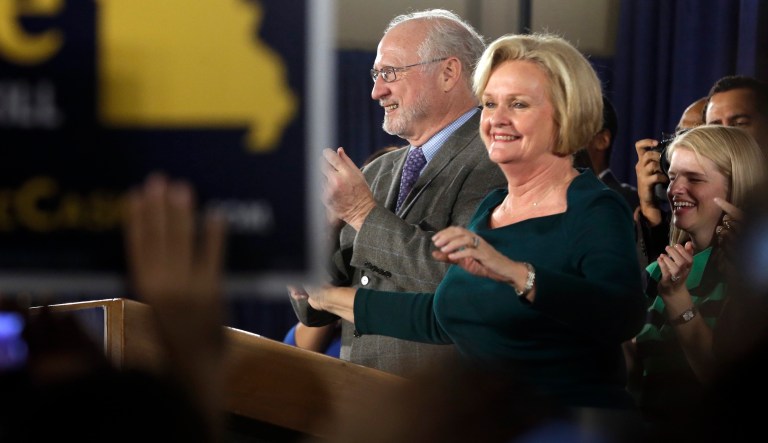 Sen. Claire McCaskill, D-Mo., stands next to her husband, Joseph Shepard, while declaring victory in the Missouri Senate race, Nov. 6, 2012.