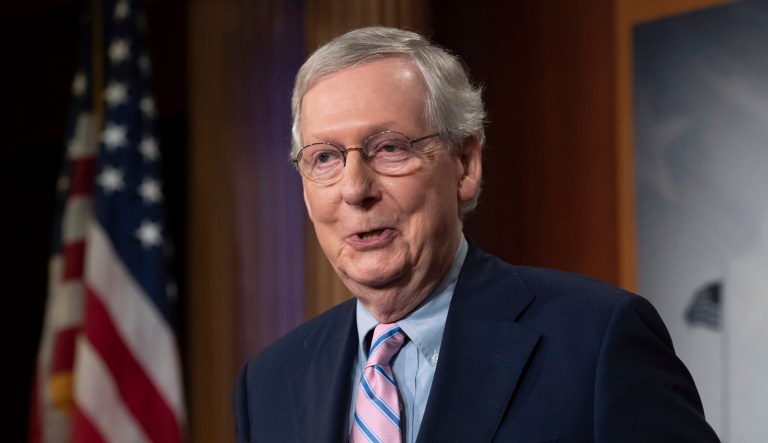 Senate Majority Leader Mitch McConnell, R-Ky., speaks to reporters following the final vote to confirm Supreme Court nominee Brett Kavanaugh, at the Capitol in Washington, Saturday, Oct. 6, 2018.